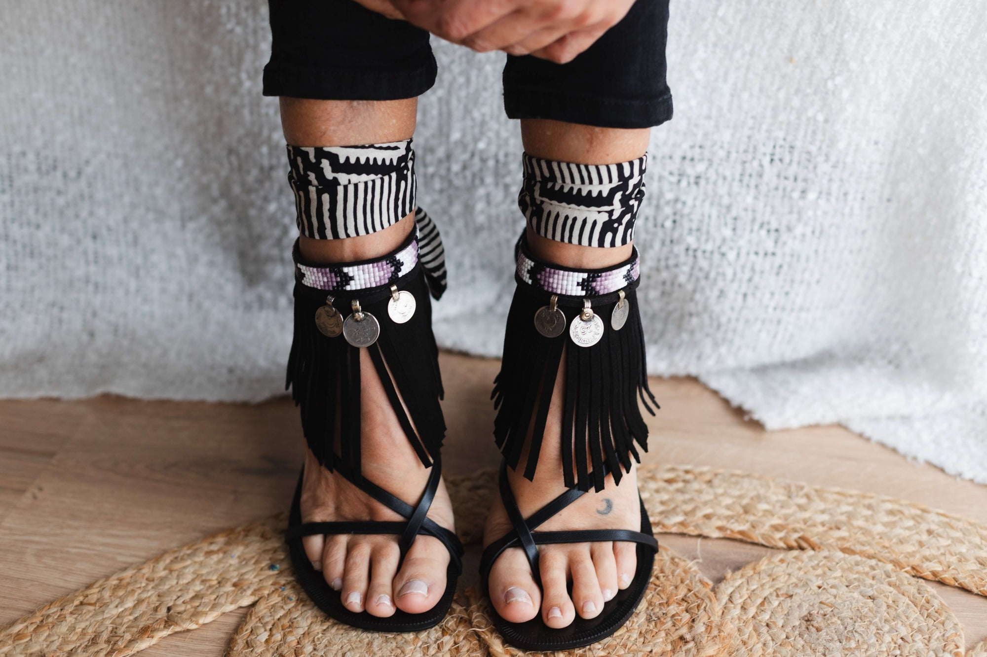 Boho Black Anklets with Antique Coins and Fringe