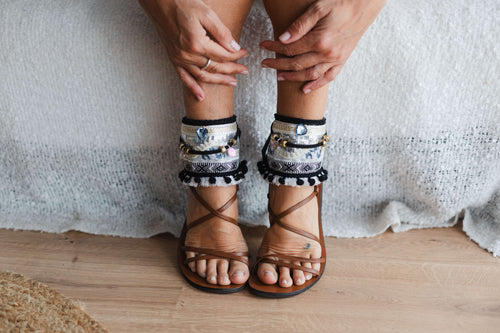 Anklet with Sequin Embroidery and Black Pom-Poms