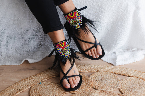 Black Boho Anklet with Feathers and Ethnic Embroidery