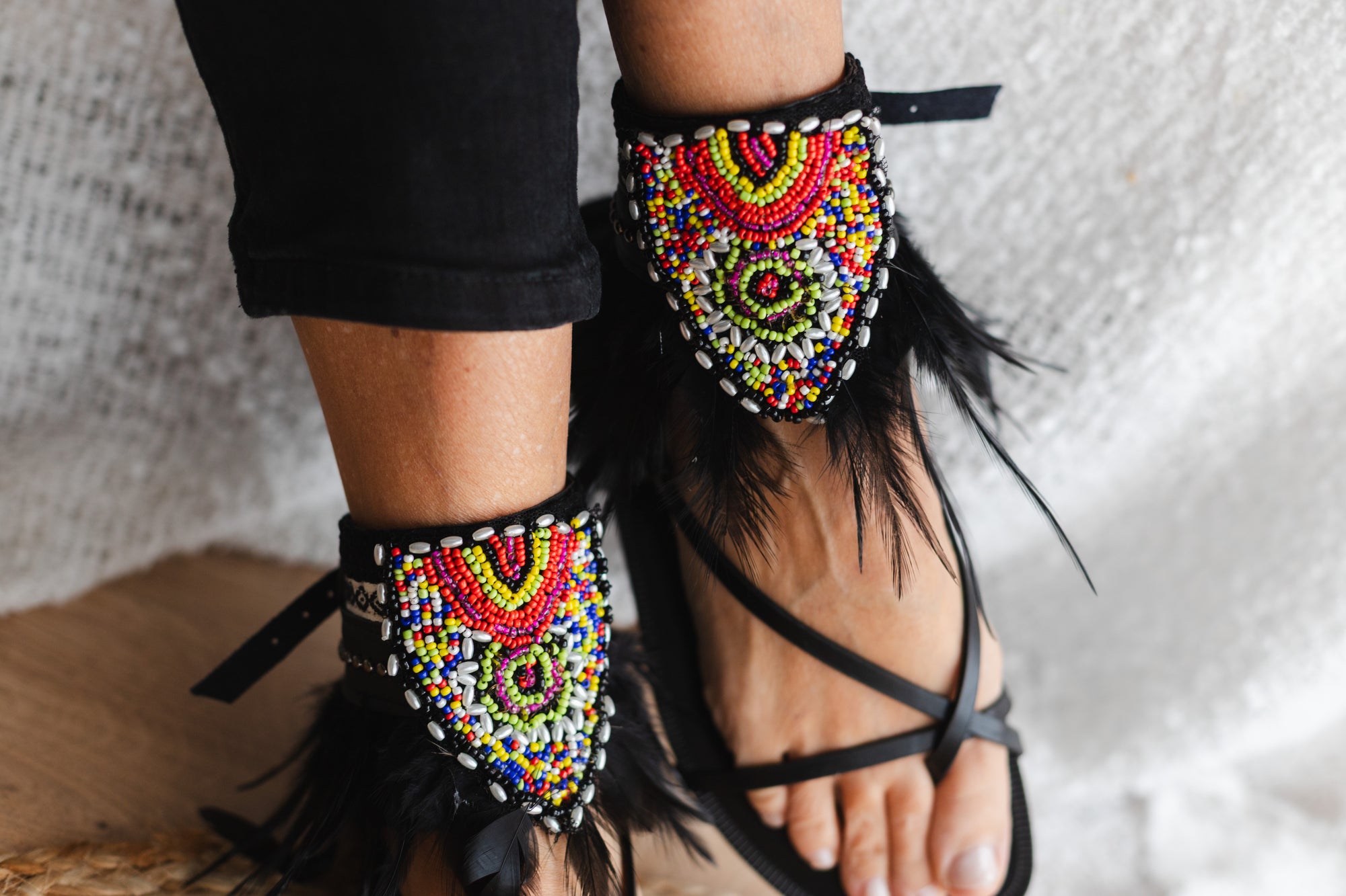 Black Boho Anklet with Feathers and Ethnic Embroidery