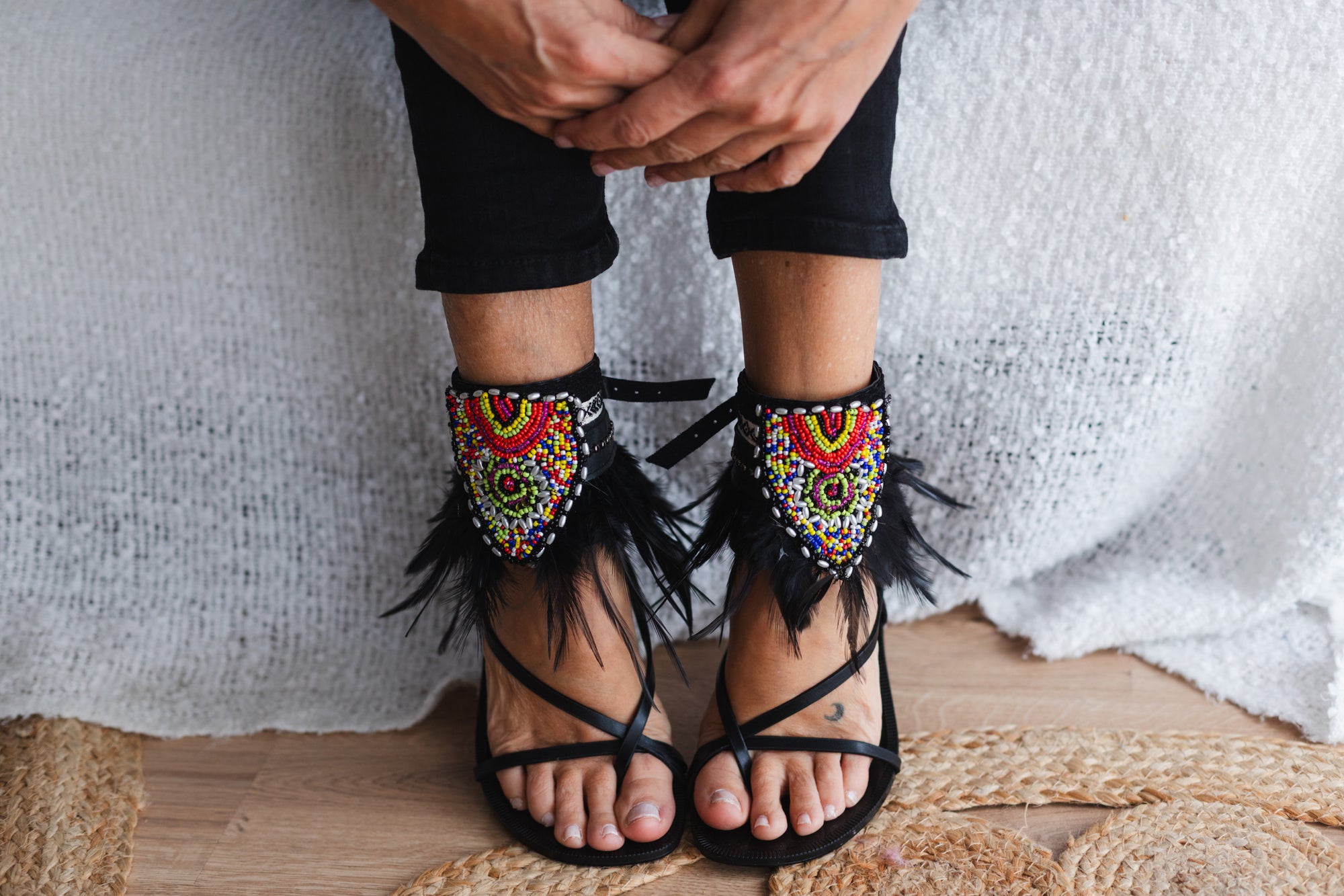 Black Boho Anklet with Feathers and Ethnic Embroidery
