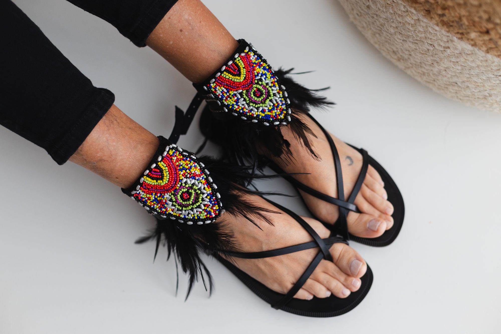Black Boho Anklet with Feathers and Ethnic Embroidery