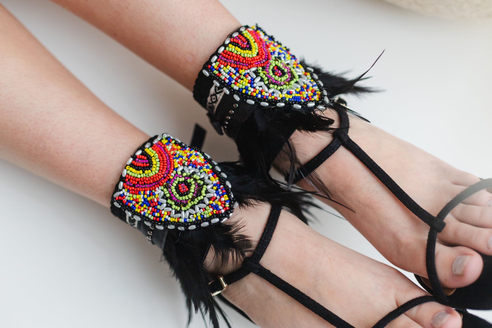 Black Boho Anklet with Feathers and Ethnic Embroidery