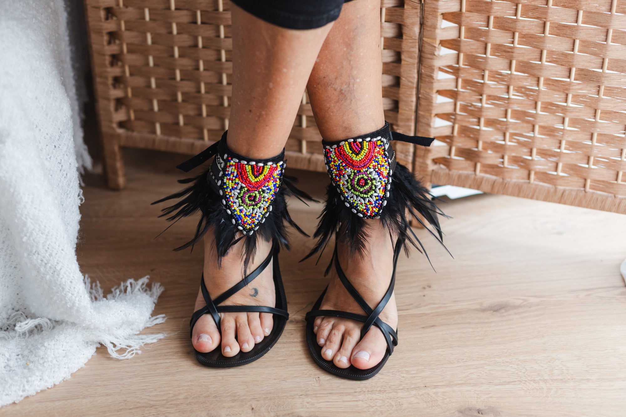 Black Boho Anklet with Feathers and Ethnic Embroidery