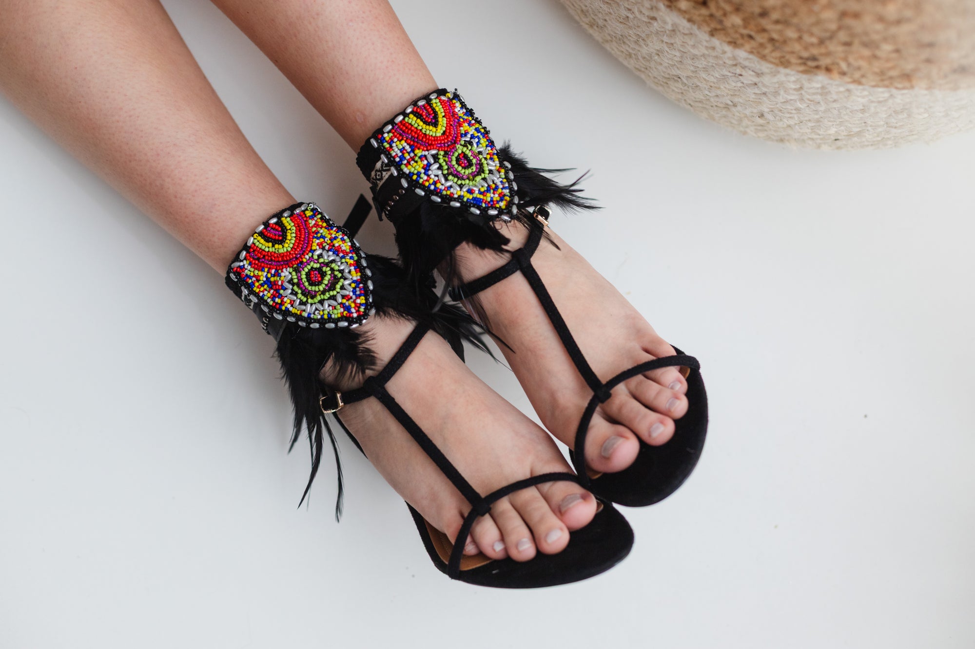 Black Boho Anklet with Feathers and Ethnic Embroidery