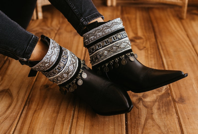 Black Boho Boot Covers with Embroidered Old Coins