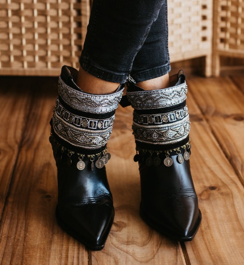 Black Boho Boot Covers with Embroidered Old Coins