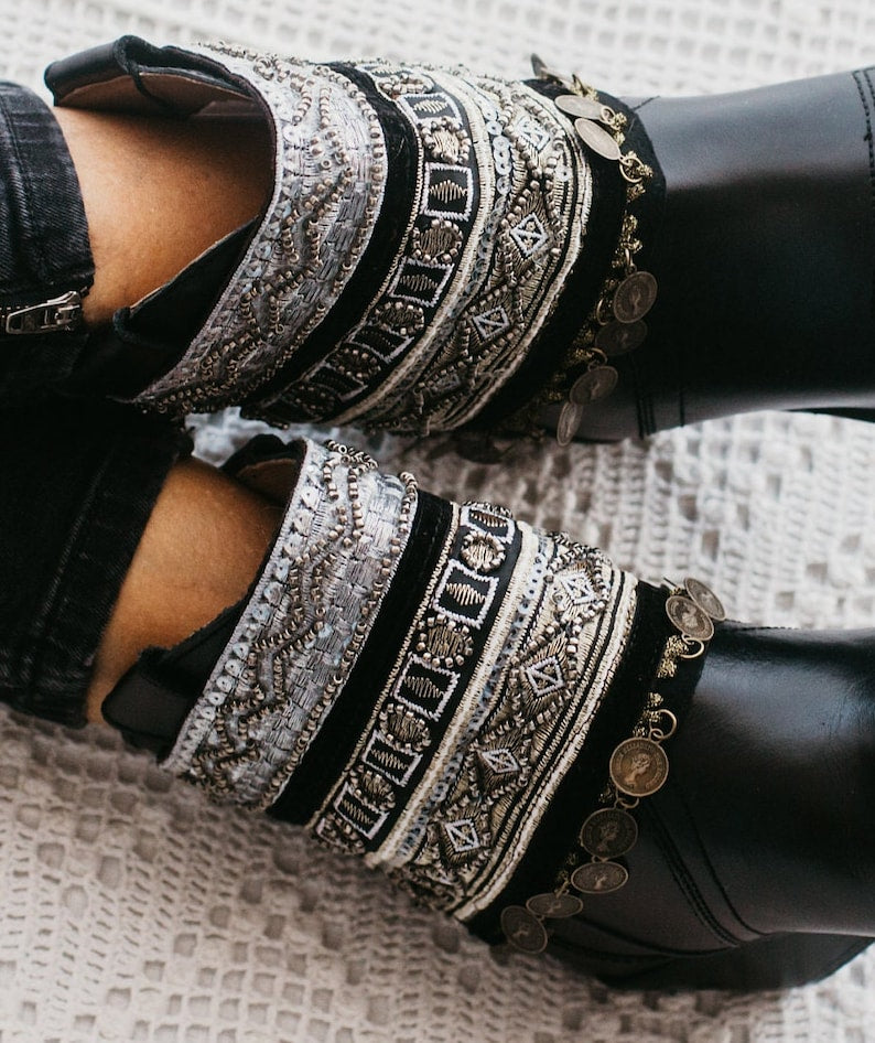 Black Boho Boot Covers with Embroidered Old Coins