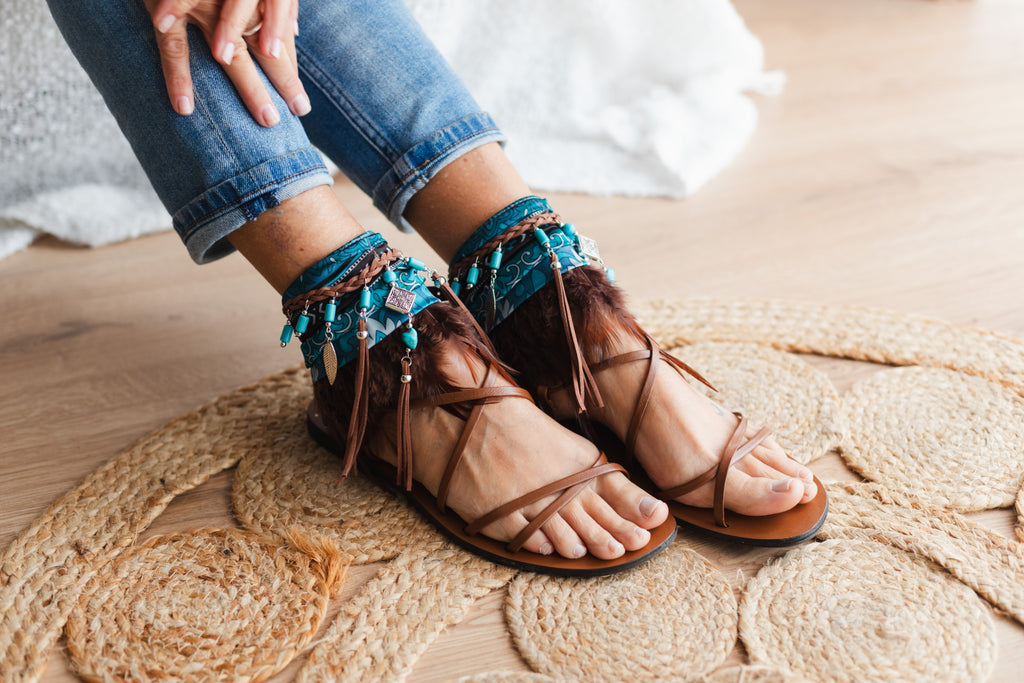 Boho Anklet with Brown Feathers and Emerald Green Silk Scarf