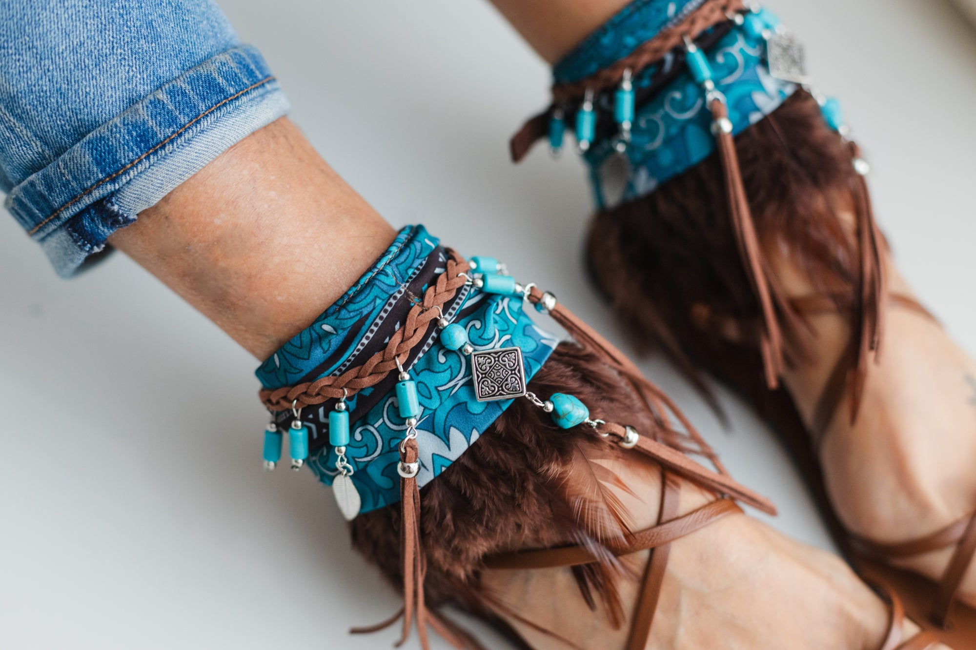 Boho Anklet with Brown Feathers and Emerald Green Silk Scarf