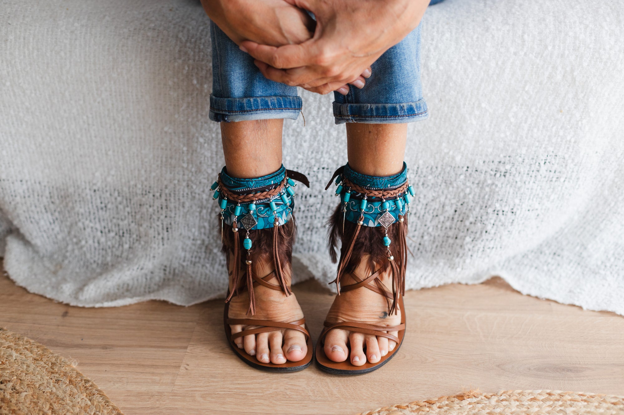 Boho Anklet with Brown Feathers and Emerald Green Silk Scarf