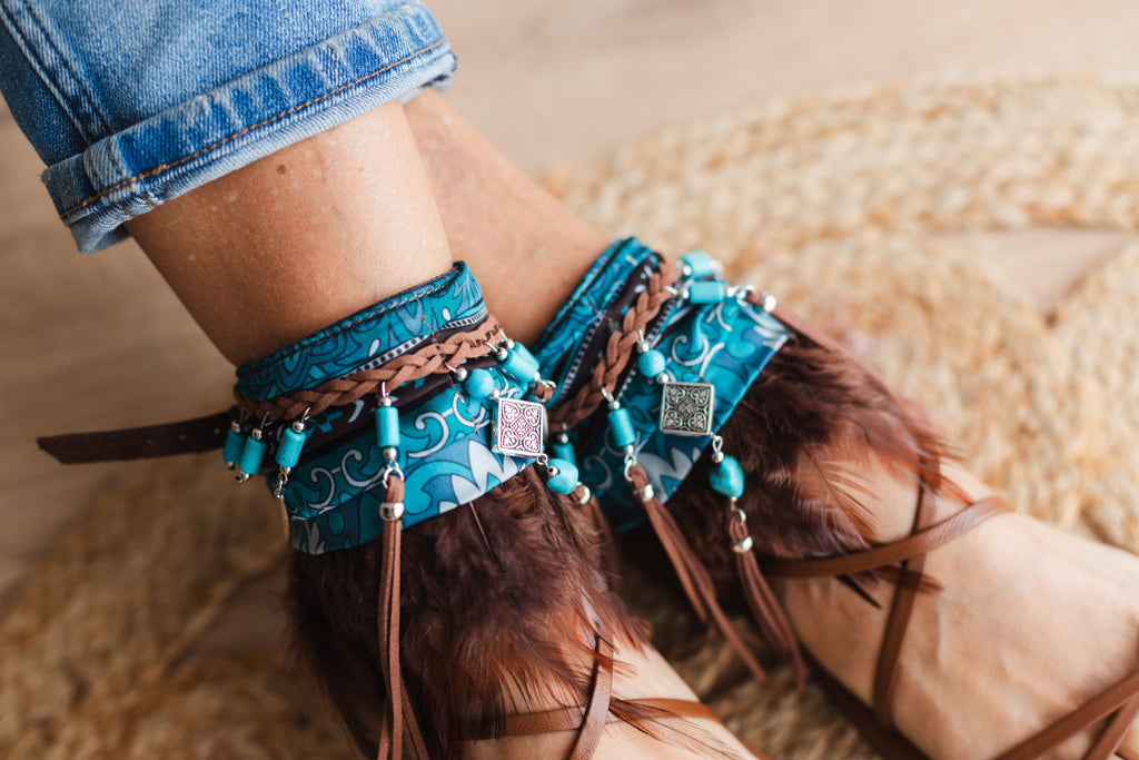 Boho Anklet with Brown Feathers and Emerald Green Silk Scarf