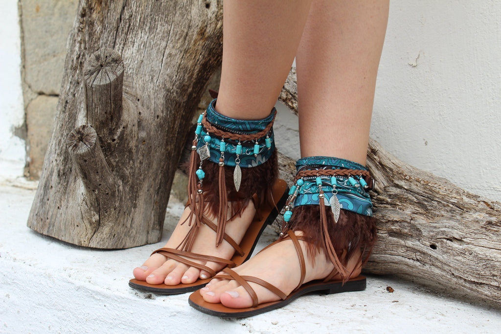 Boho Anklet with Brown Feathers and Emerald Green Silk Scarf
