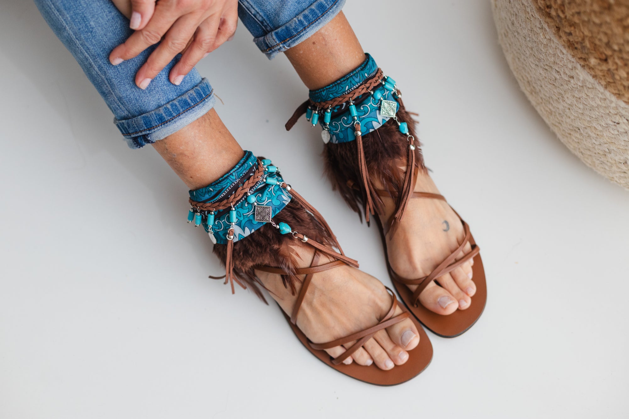 Boho Anklet with Brown Feathers and Emerald Green Silk Scarf