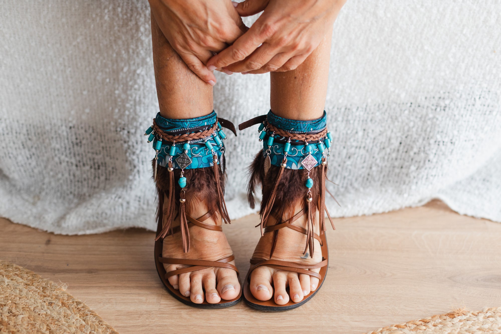 Boho Anklet with Brown Feathers and Emerald Green Silk Scarf