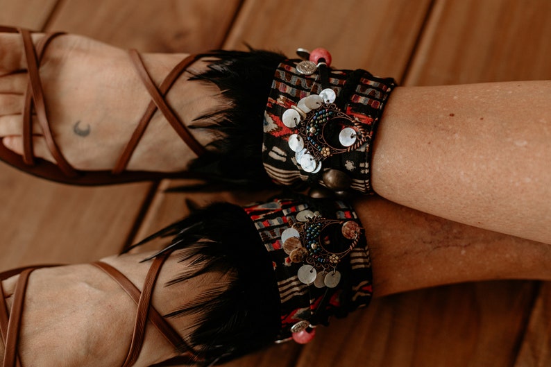 Boho Decorative Sandal Ankle Wraps with Feather Fringe & Beads