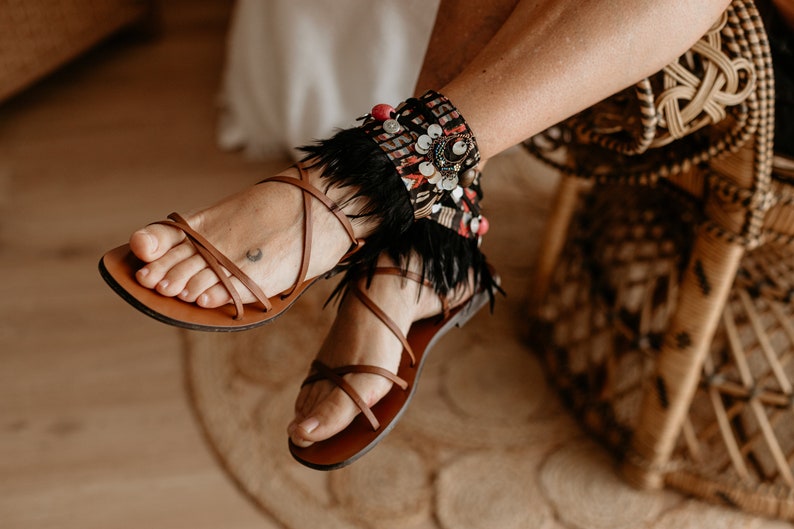 Boho Decorative Sandal Ankle Wraps with Feather Fringe & Beads