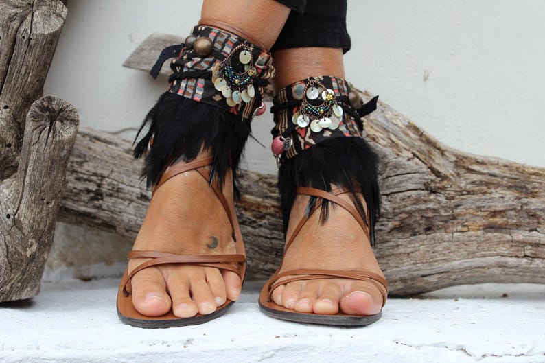 Boho Decorative Sandal Ankle Wraps with Feather Fringe & Beads