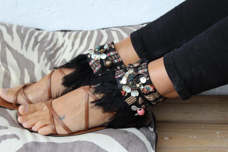 Boho Decorative Sandal Ankle Wraps with Feather Fringe & Beads
