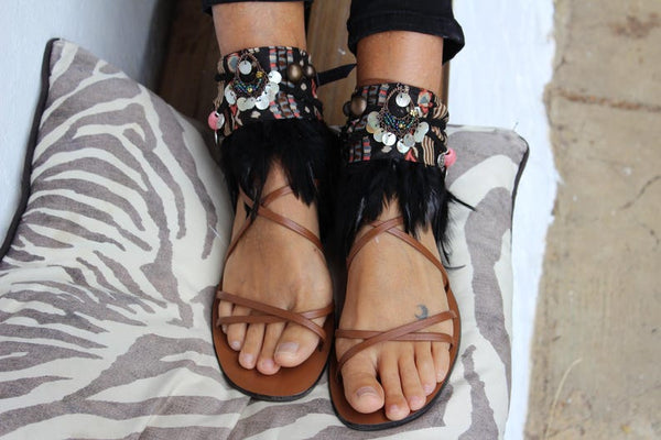 Boho Decorative Sandal Ankle Wraps with Feather Fringe & Beads
