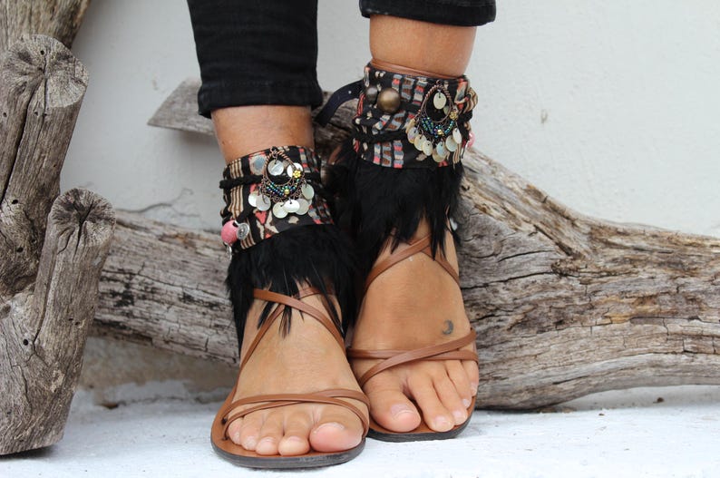 Boho Decorative Sandal Ankle Wraps with Feather Fringe & Beads