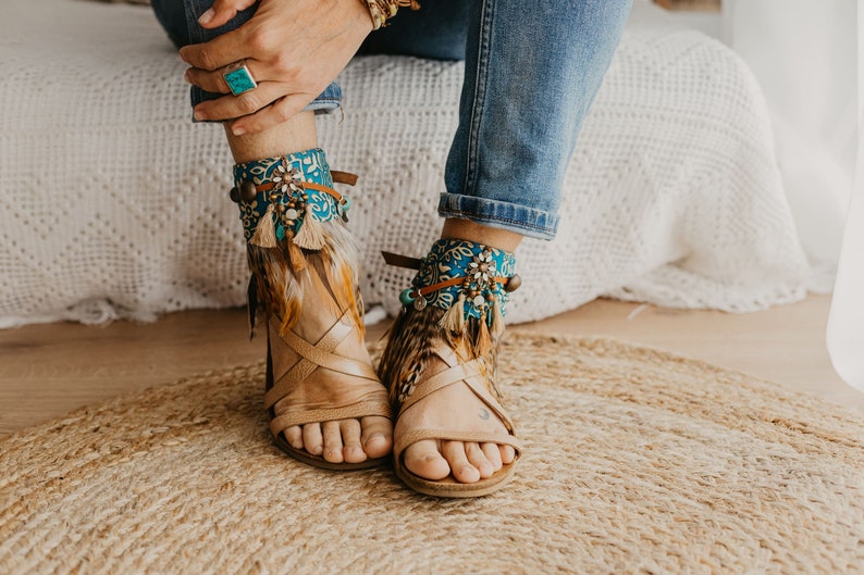 Boho Feather Decorative Ankle Wrap Sandals