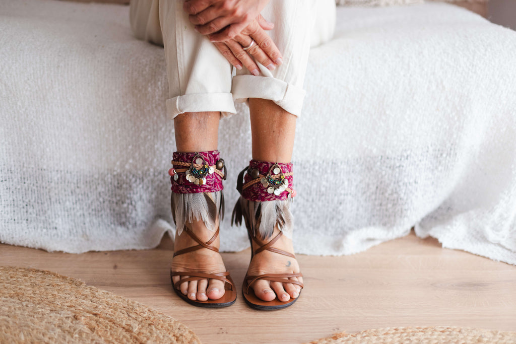 Boho anklet with brown feathers, raspberry scarf and beads