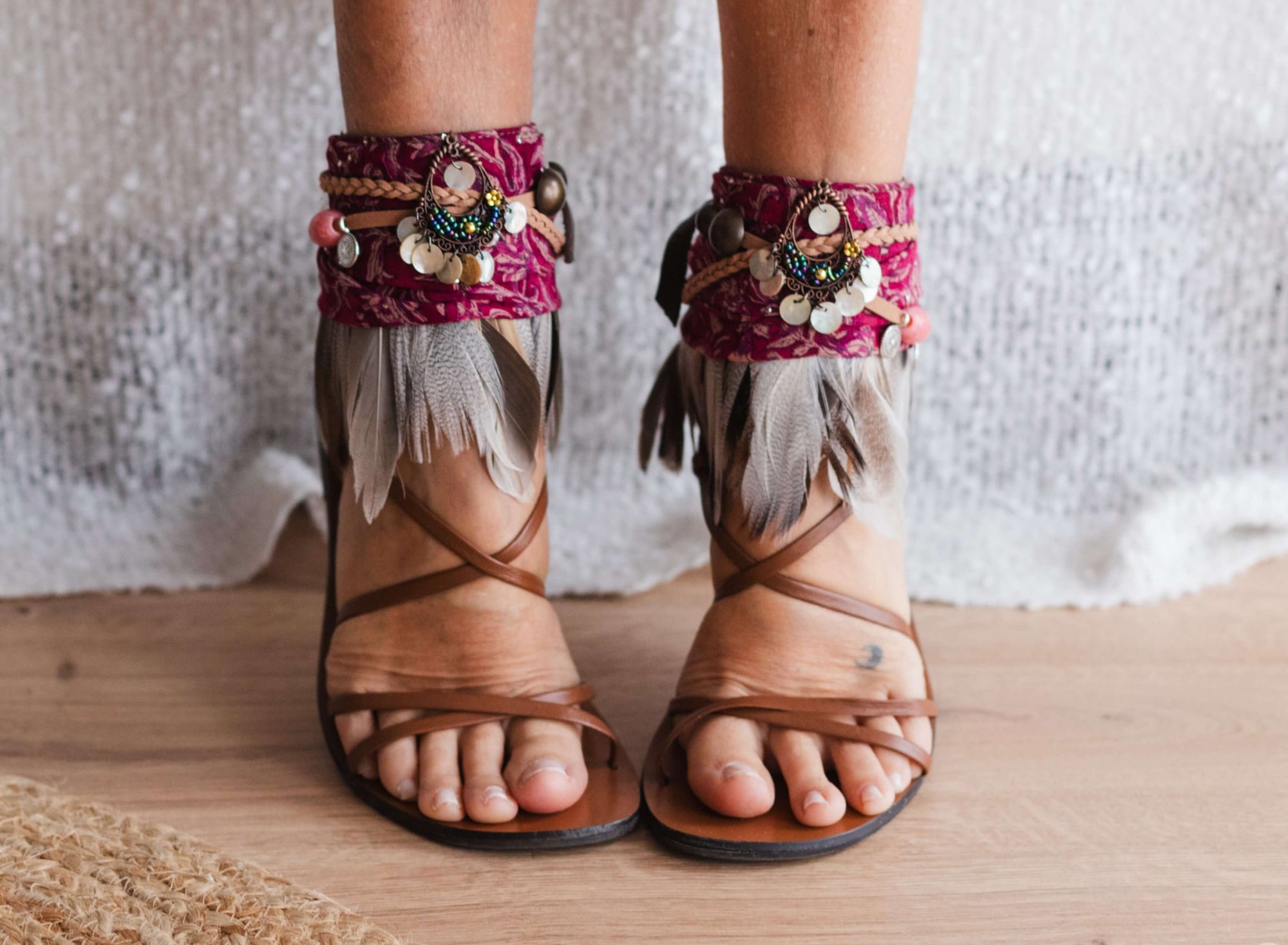Boho_anklet_with_brown_feathers_raspberry_scarf_and_beads