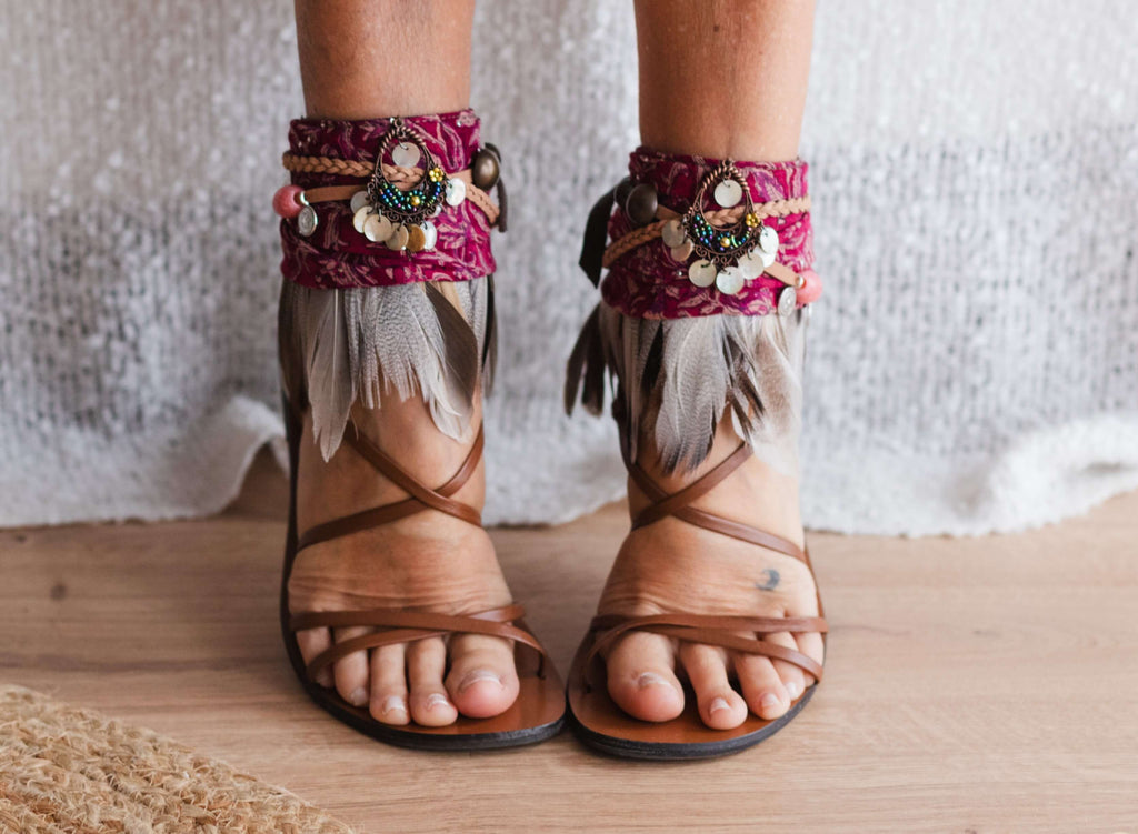 Boho anklet with brown feathers, raspberry scarf and beads