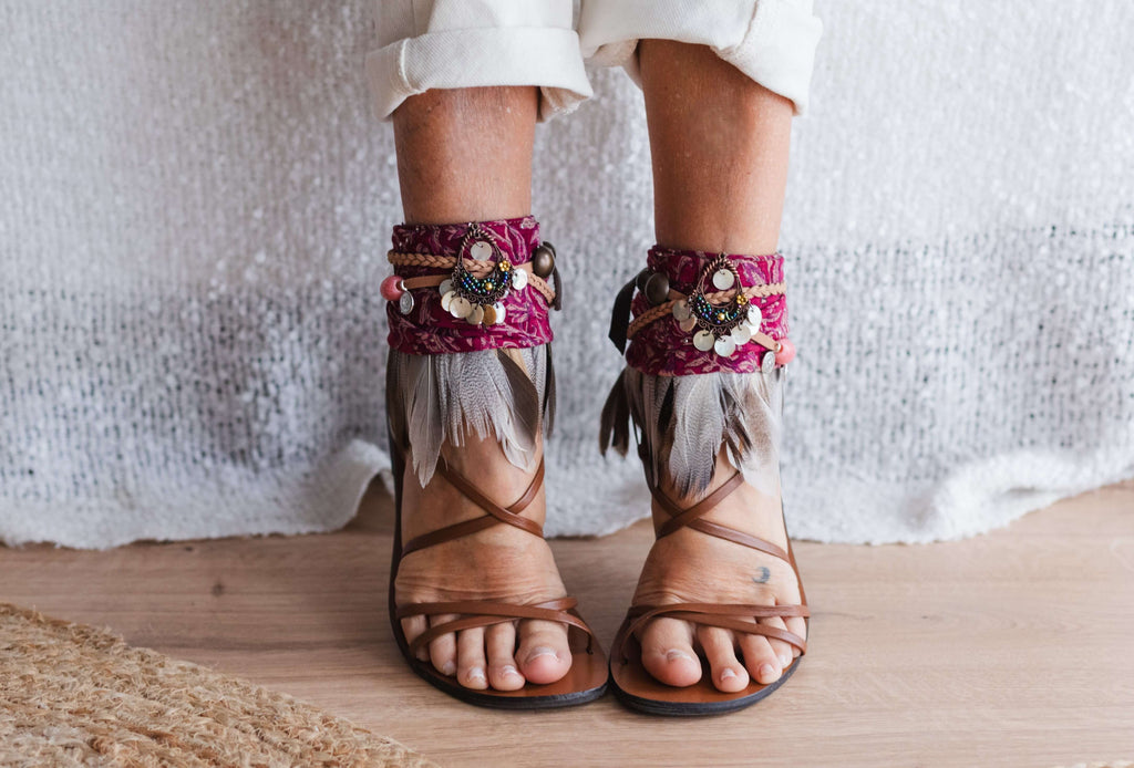 Boho anklet with brown feathers, raspberry scarf and beads