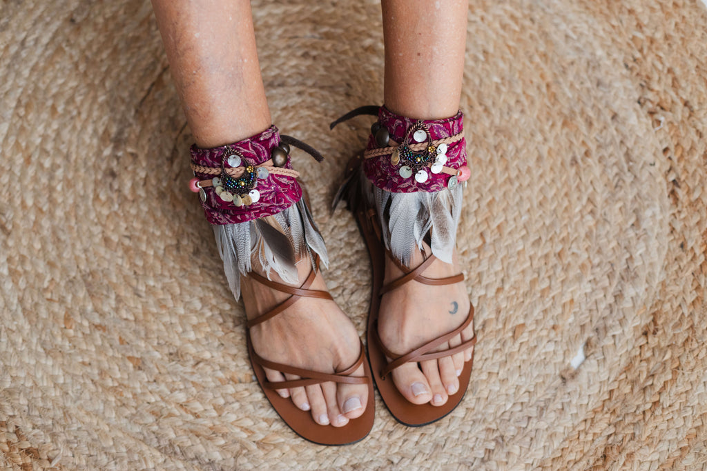 Boho anklet with brown feathers, raspberry scarf and beads