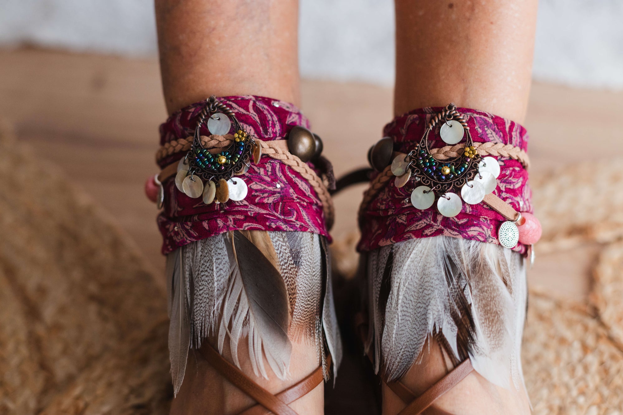 Boho_anklet_with_brown_feathers_raspberry_scarf_and_beads