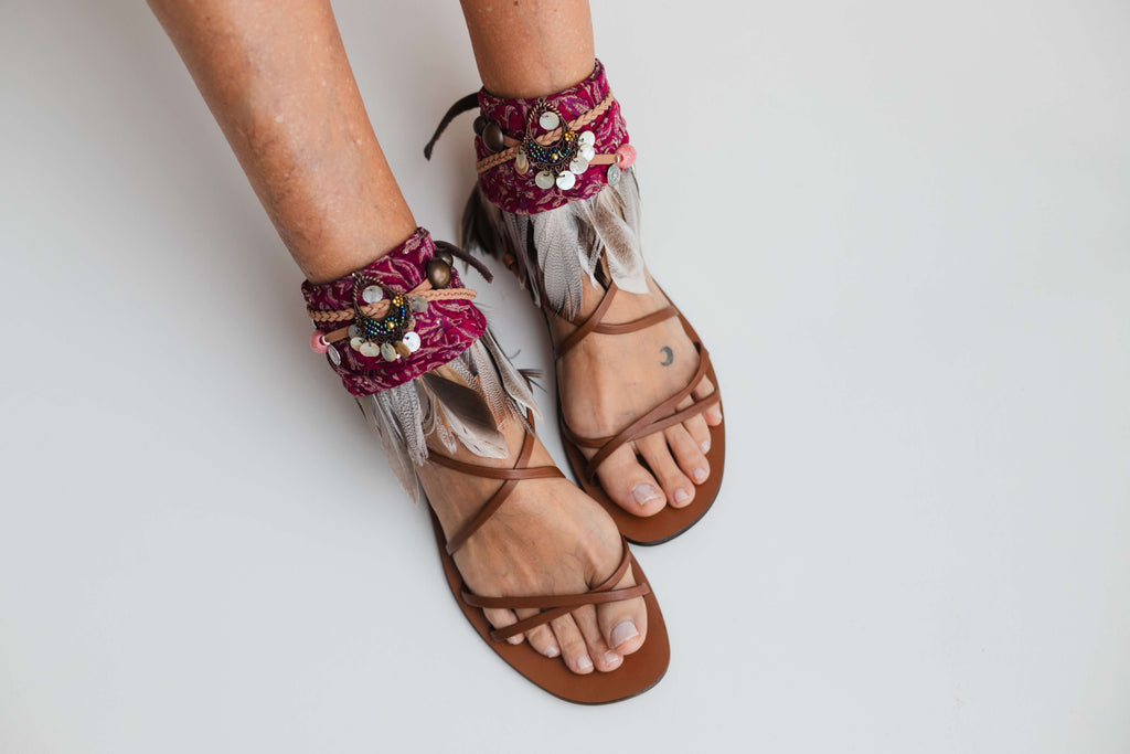 Boho anklet with brown feathers, raspberry scarf and beads