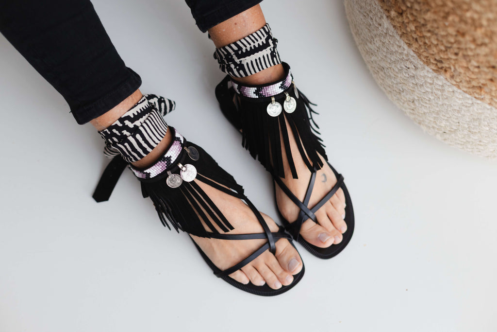 Boho Black Anklets with Antique Coins and Fringe