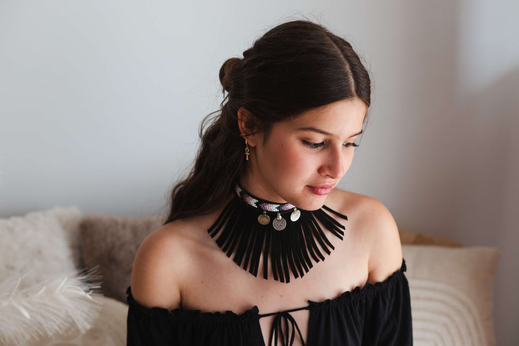 Boho Black Anklets with Antique Coins and Fringe