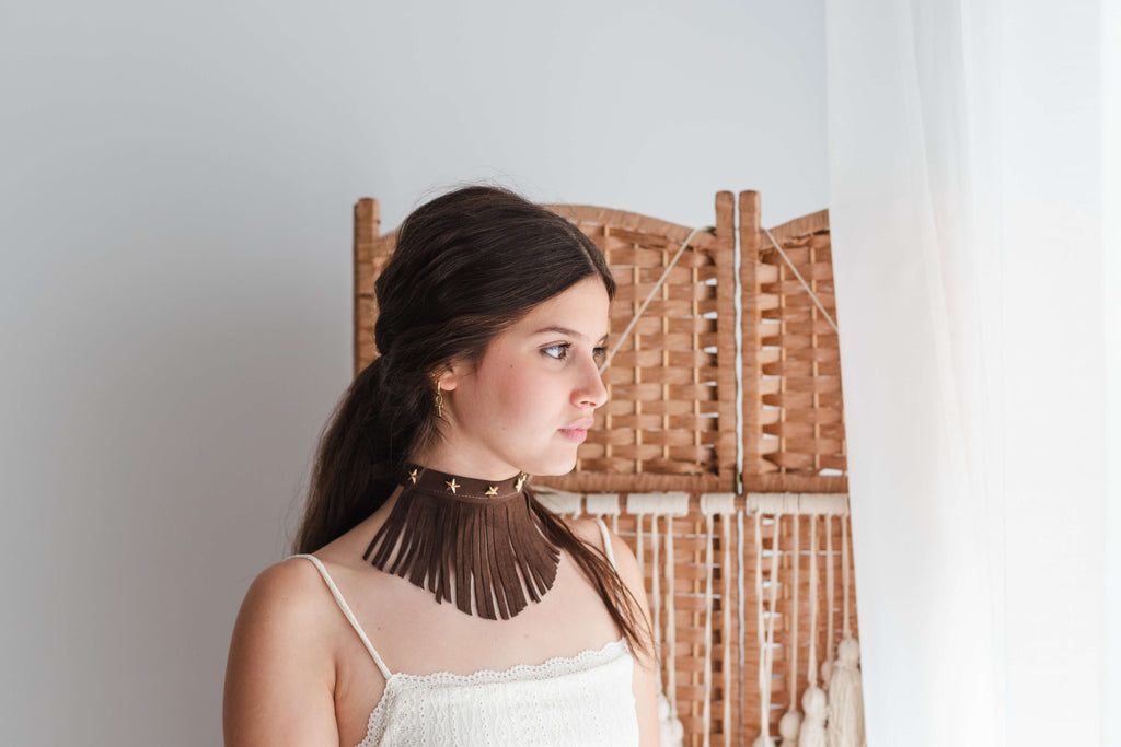 Boho Brown Anklet with Fringe and Gold Stars