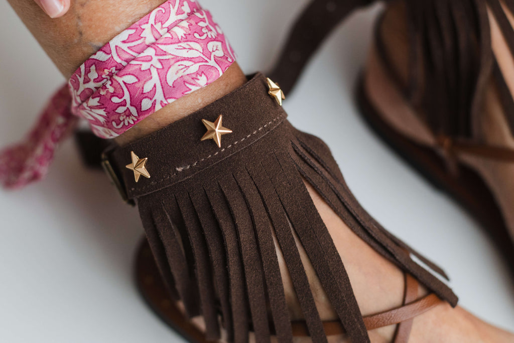 Boho Brown Anklet with Fringe and Gold Stars