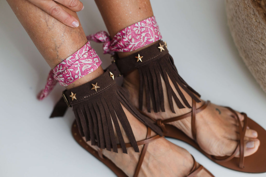 Boho Brown Anklet with Fringe and Gold Stars
