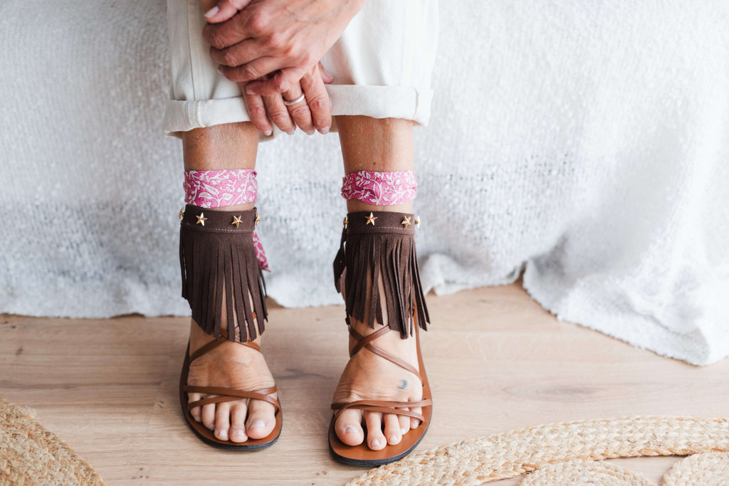 Boho Brown Anklet with Fringe and Gold Stars