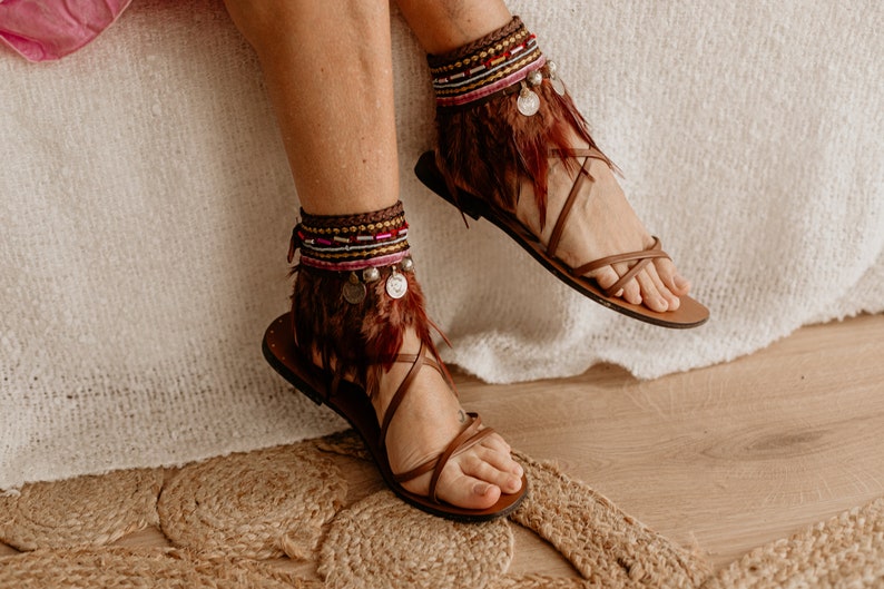 Ethnic Feather Fringe Leather Tie on Anklets Sandal