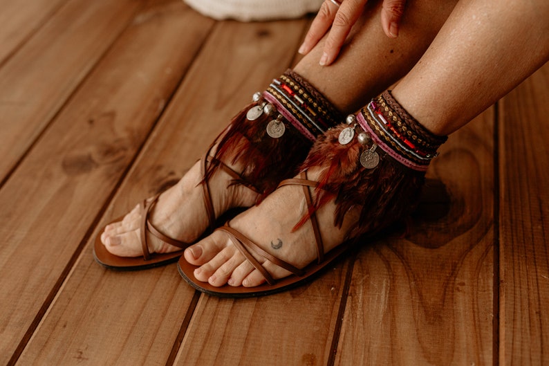 Ethnic Feather Fringe Leather Tie on Anklets Sandal