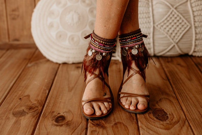 Ethnic Feather Fringe Leather Tie on Anklets Sandal