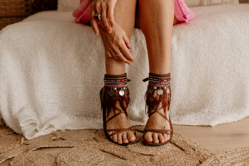 Ethnic Feather Fringe Leather Tie on Anklets Sandal