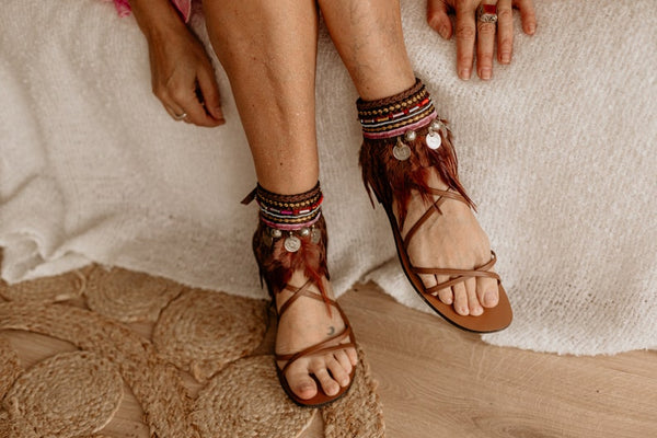 Ethnic Feather Fringe Leather Tie on Anklets Sandal
