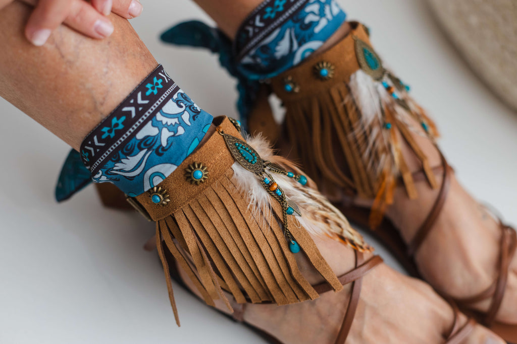 Fringed camel ankle cuffs with turquoise dreamcatcher