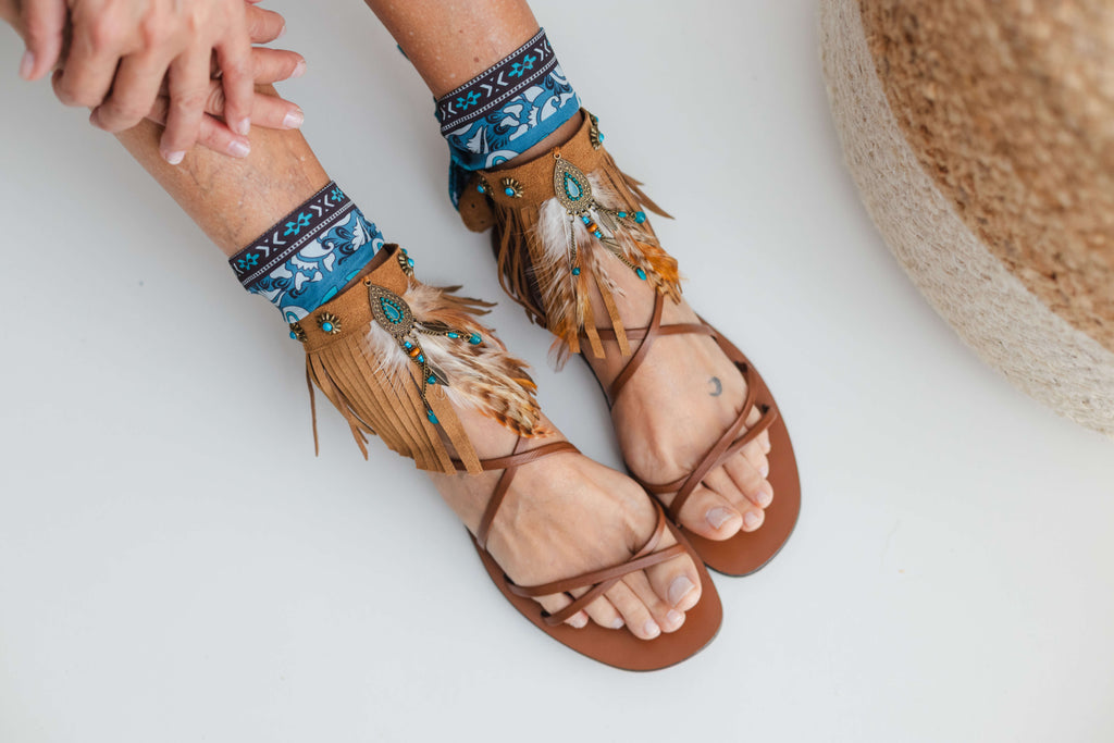 Fringed camel ankle cuffs with turquoise dreamcatcher