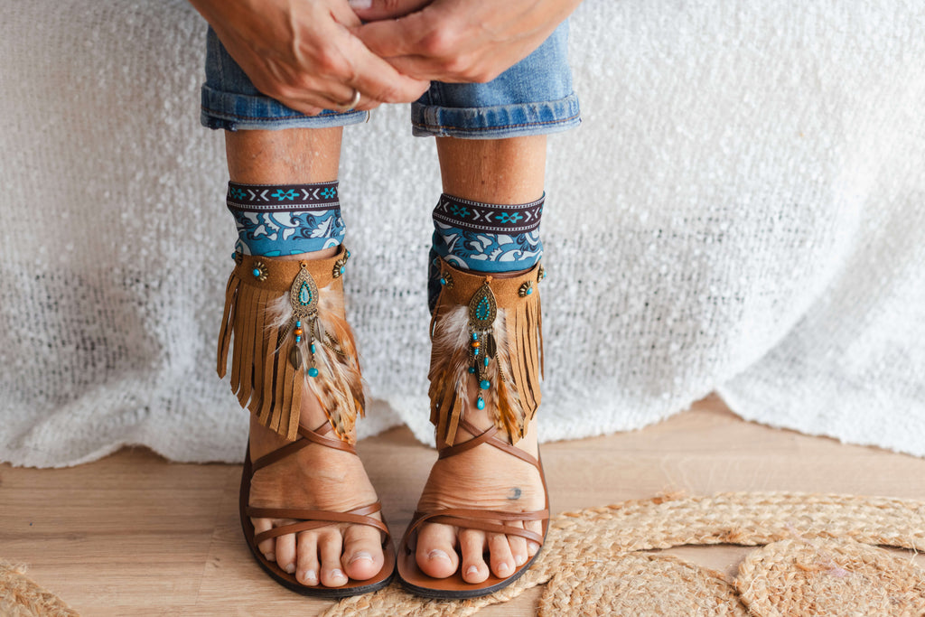 Fringed camel ankle cuffs with turquoise dreamcatcher