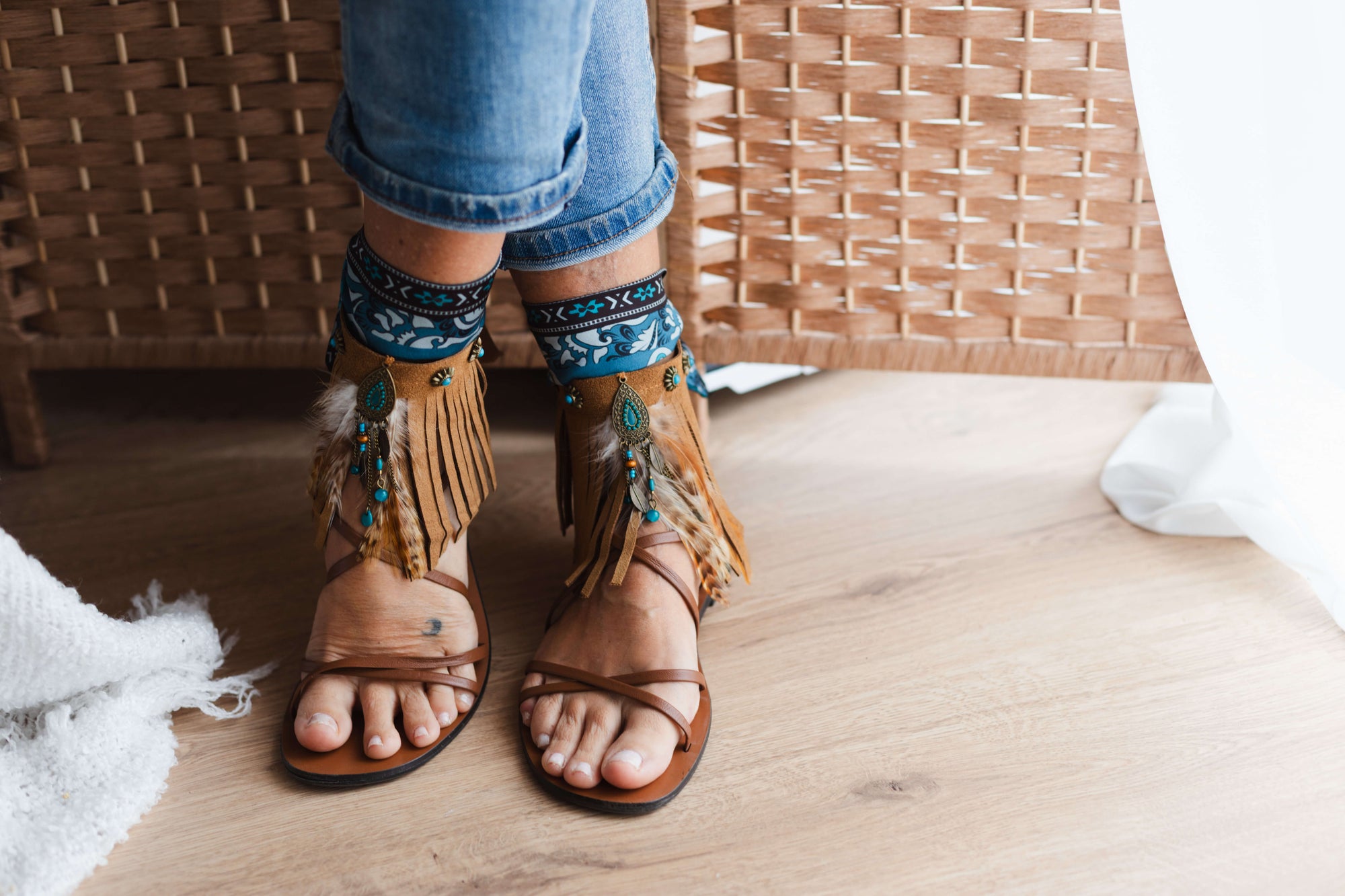 Fringed_camel_ankle_cuffs_with_turquoise_dreamcatcher_6