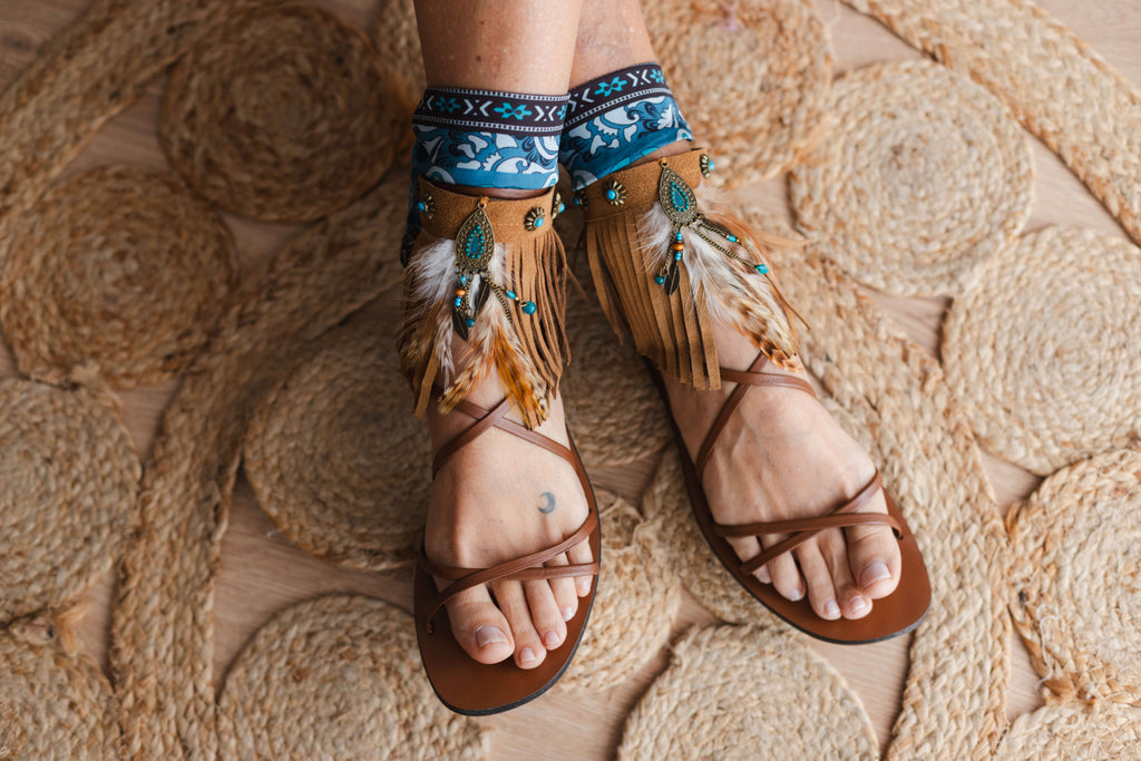 Fringed camel ankle cuffs with turquoise dreamcatcher