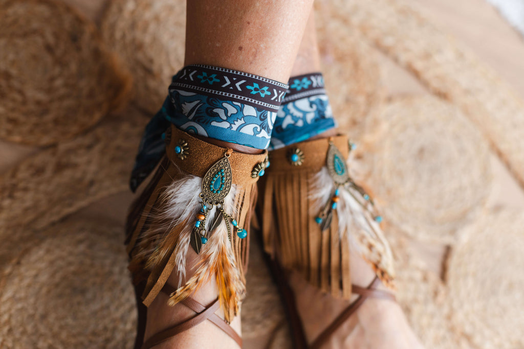 Fringed camel ankle cuffs with turquoise dreamcatcher